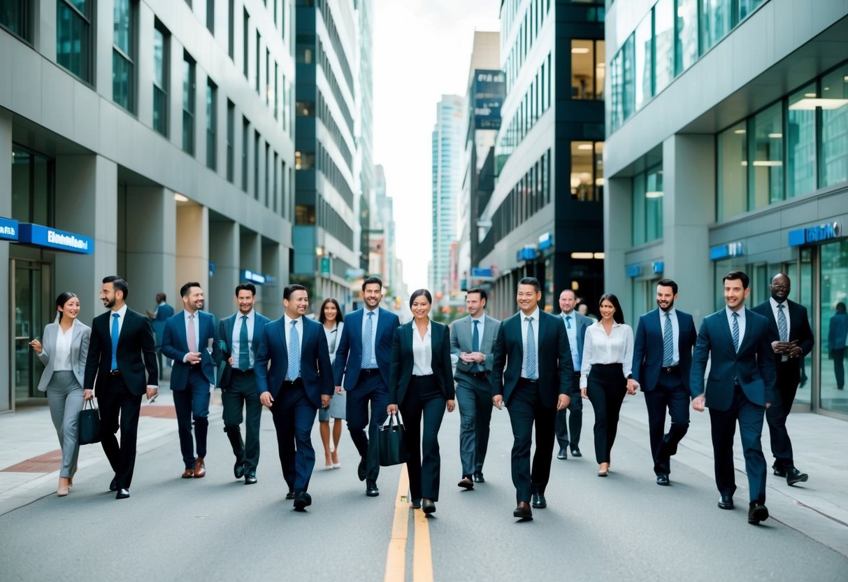 A bustling city street lined with modern office buildings, with a diverse group of business professionals entering and exiting various banks and financial institutions