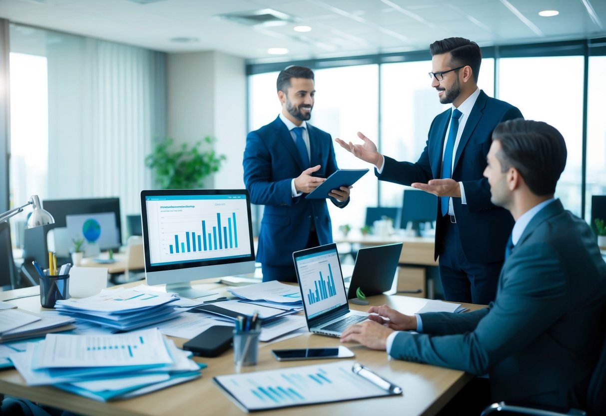 A bustling office with a desk covered in financial documents, a computer screen displaying graphs, and a confident business owner discussing plans with a banker
