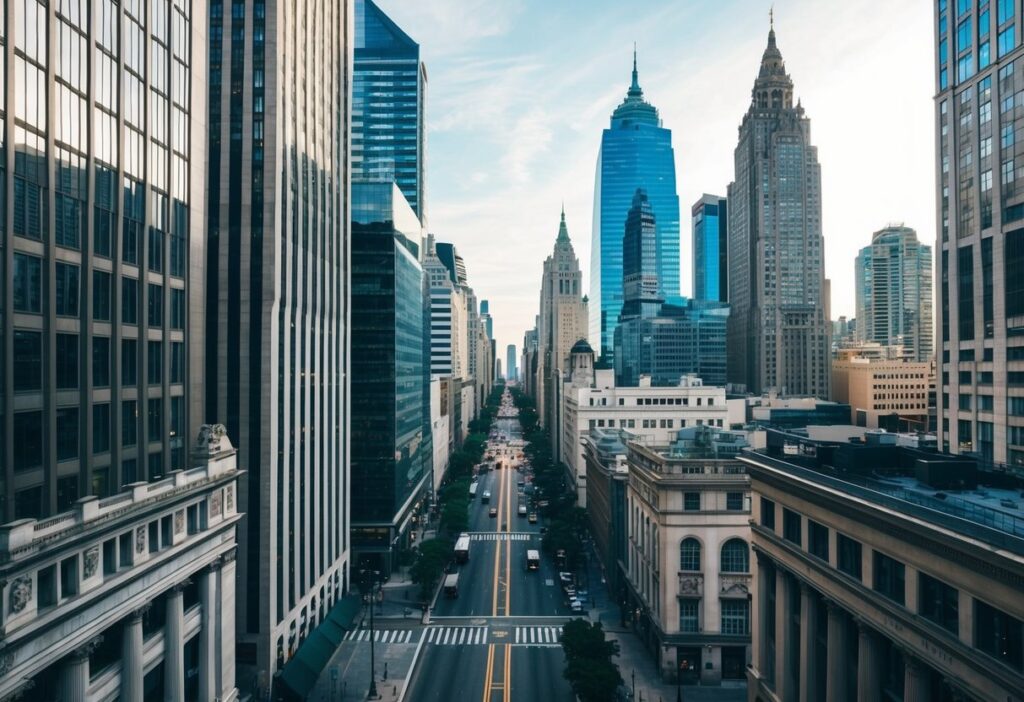A bustling city street with towering skyscrapers and a mix of modern and historic buildings, showcasing the diverse opportunities for business expansion and commercial loan options