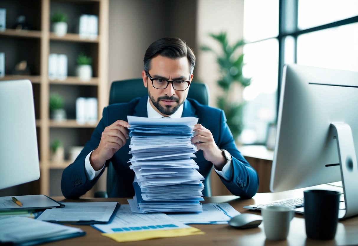A business owner sitting at a desk, surrounded by paperwork and a computer, with a determined expression while reading through a thick stack of commercial loan terms and conditions