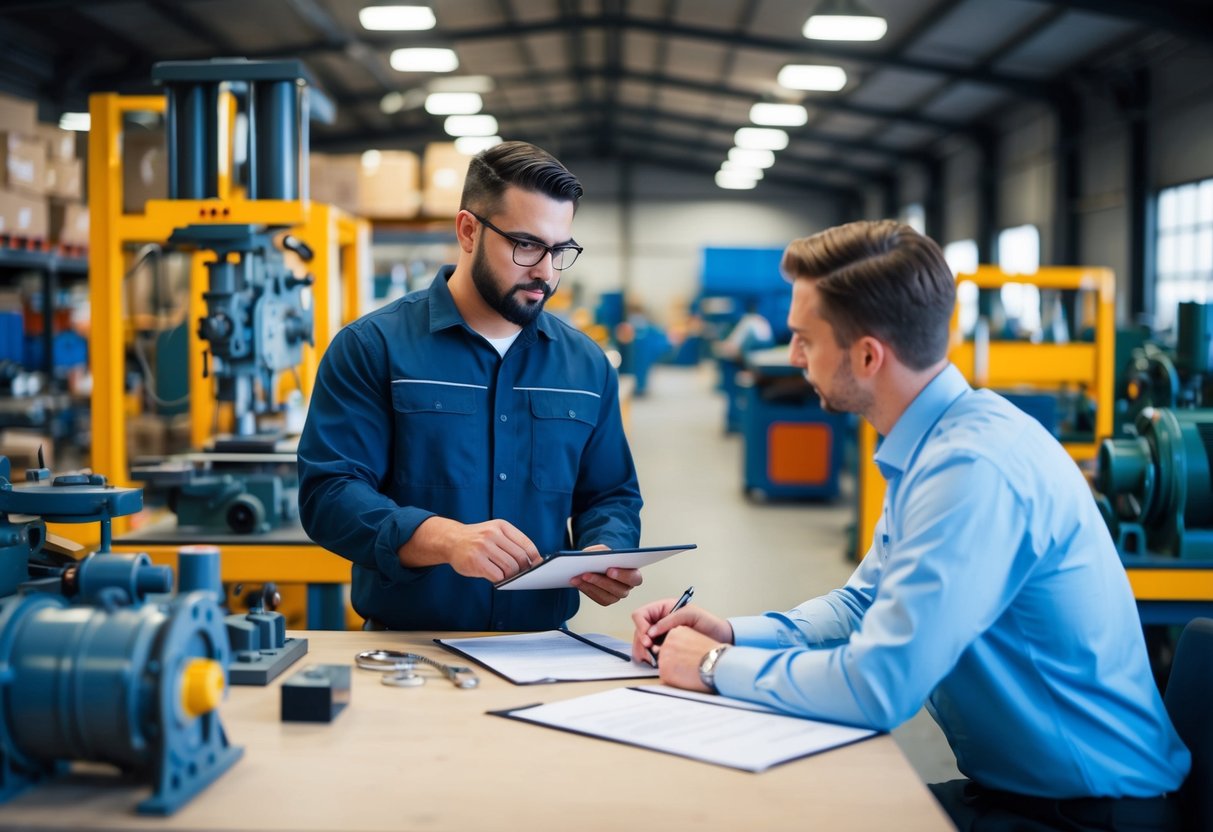 A bustling workshop with various machinery and equipment, a business owner discussing financing options with a lender, and a contract being signed