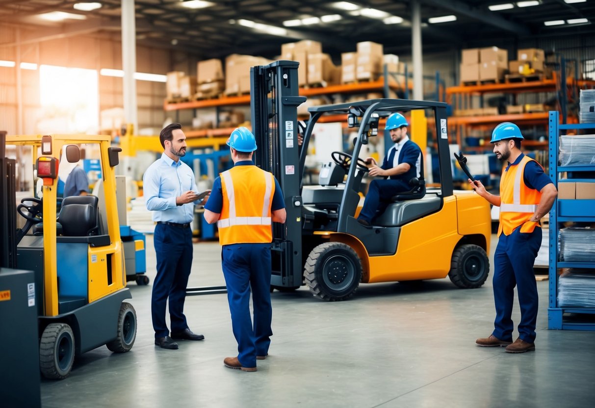A bustling warehouse with various machinery and equipment, workers maneuvering forklifts and operating industrial tools, while a business owner discusses financing options with a lender