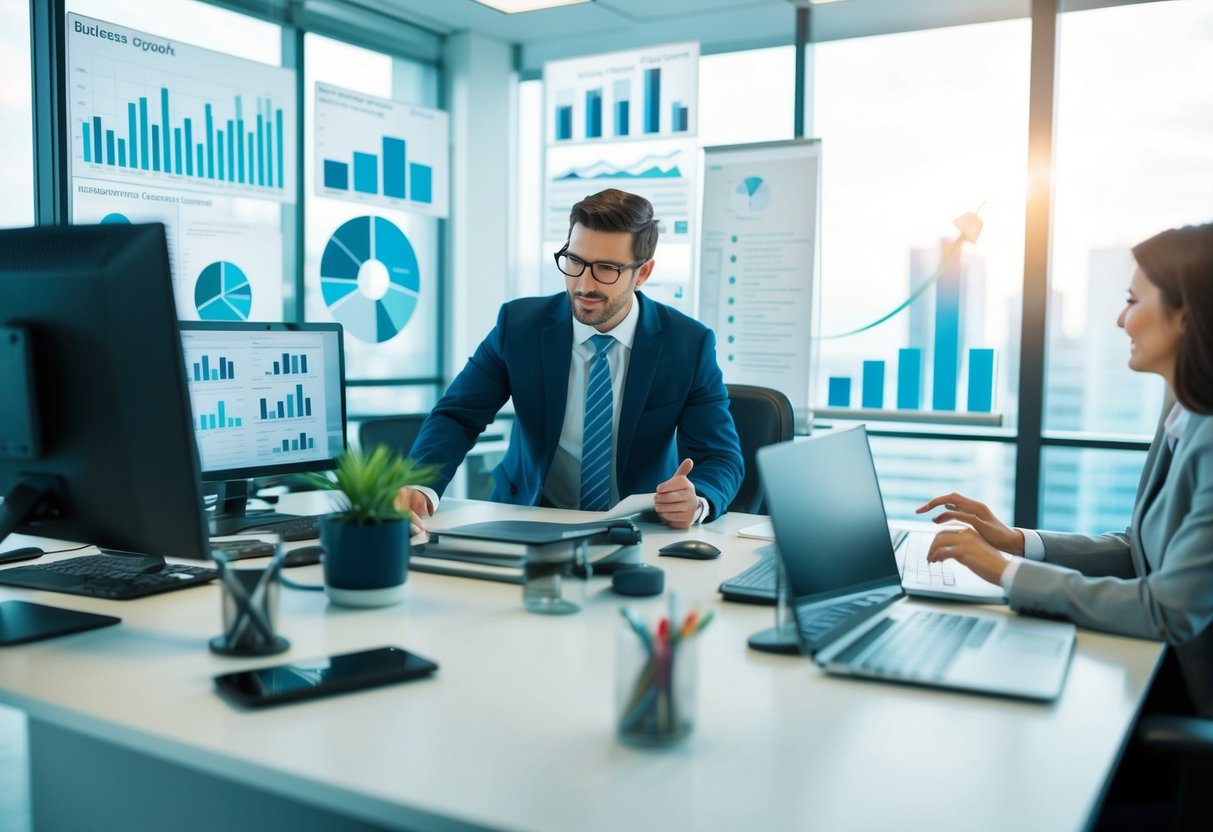 A bustling office with modern equipment and technology, surrounded by charts and graphs illustrating business growth