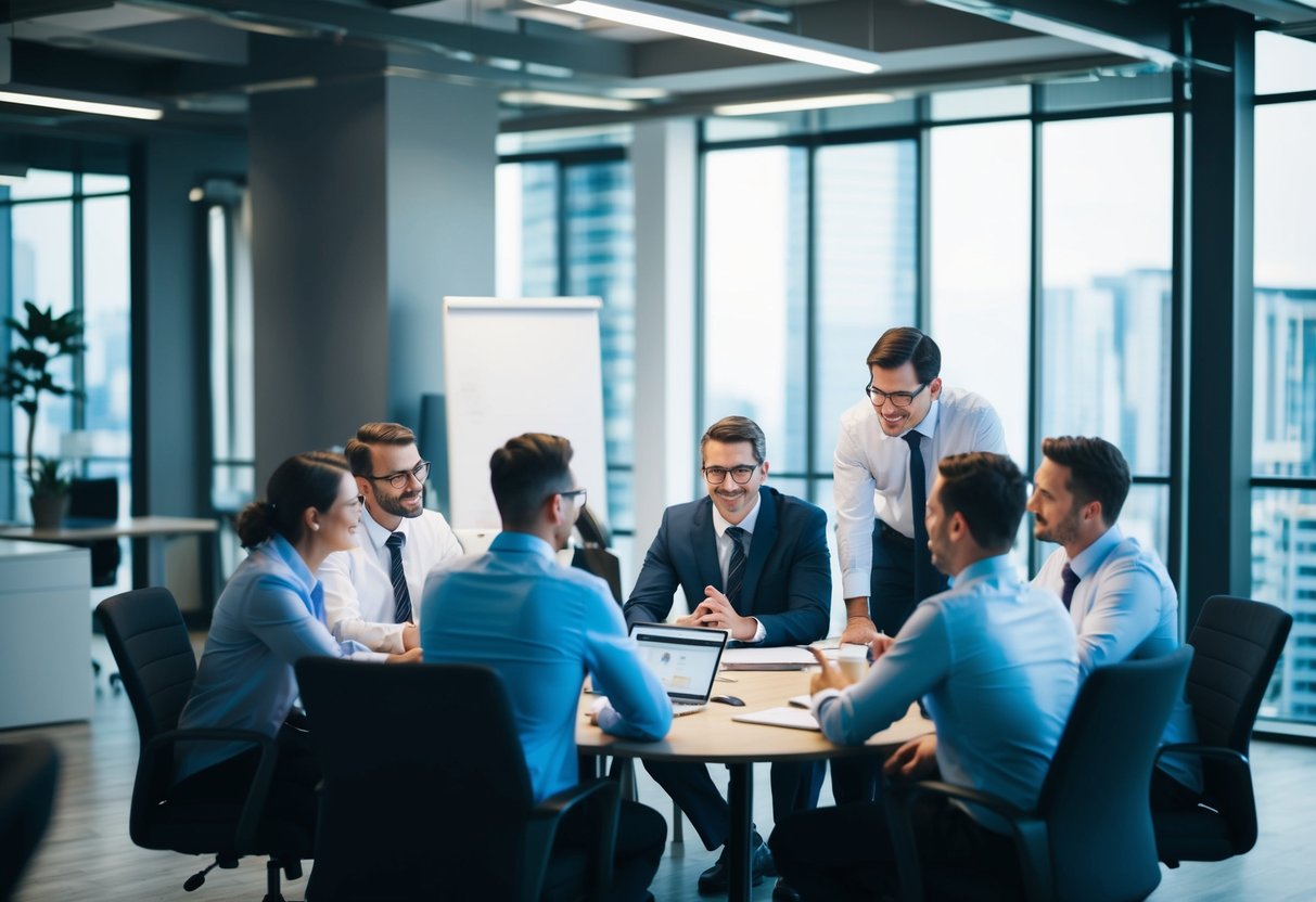 A bustling office with a team of professionals gathered around a table, discussing equipment financing options and strategizing for business growth