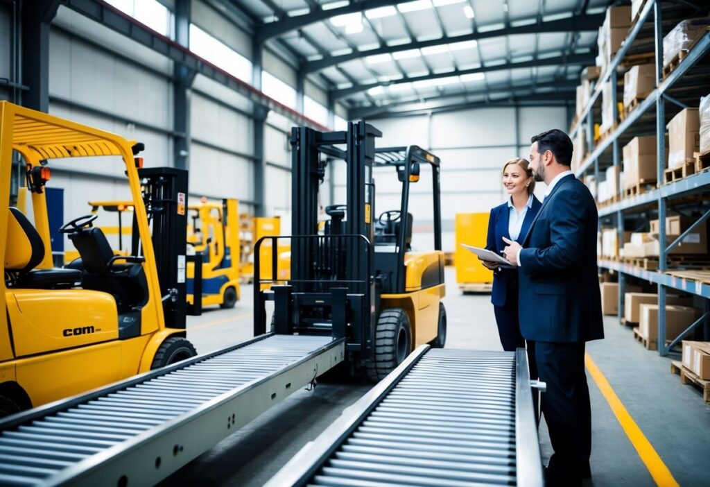 A bustling warehouse with forklifts, conveyor belts, and industrial machinery. A business owner discusses financing options with a consultant
