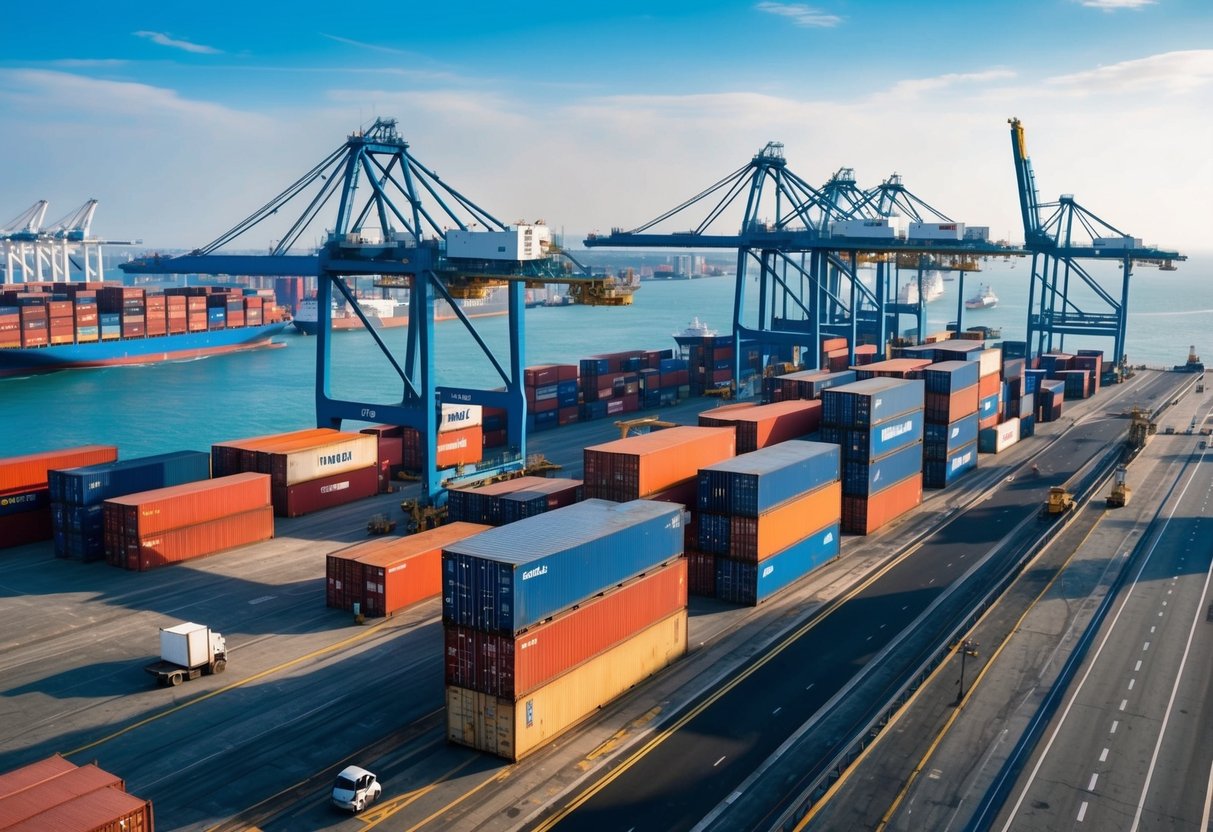 A bustling port with cargo ships being loaded and unloaded, cranes lifting containers, and workers overseeing the logistics of international trade