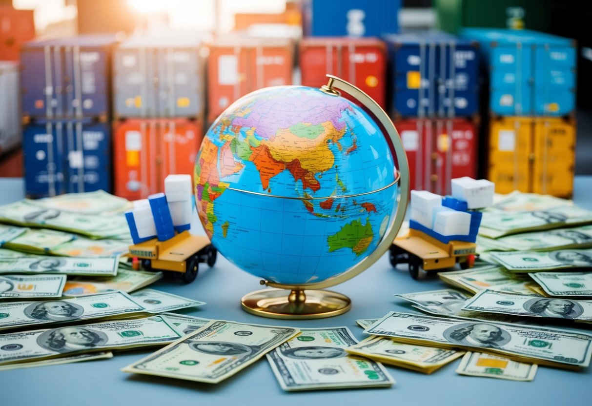 A globe surrounded by various international currencies, shipping containers, and trade documents