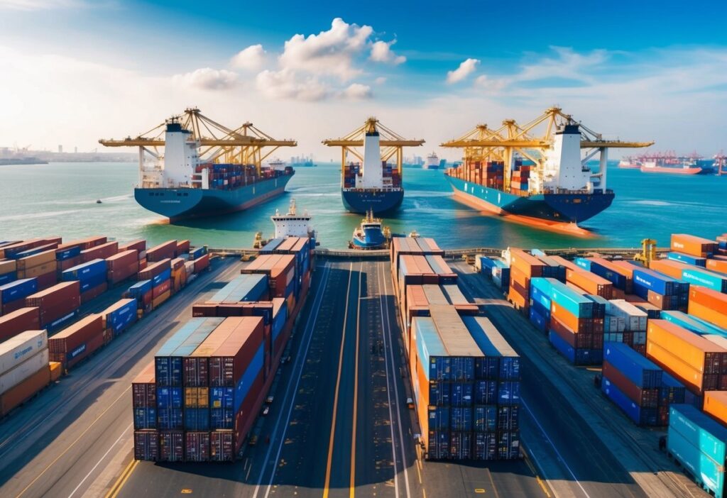 A bustling port with cargo ships unloading goods, while banks and financial institutions provide trade finance services to support international business growth
