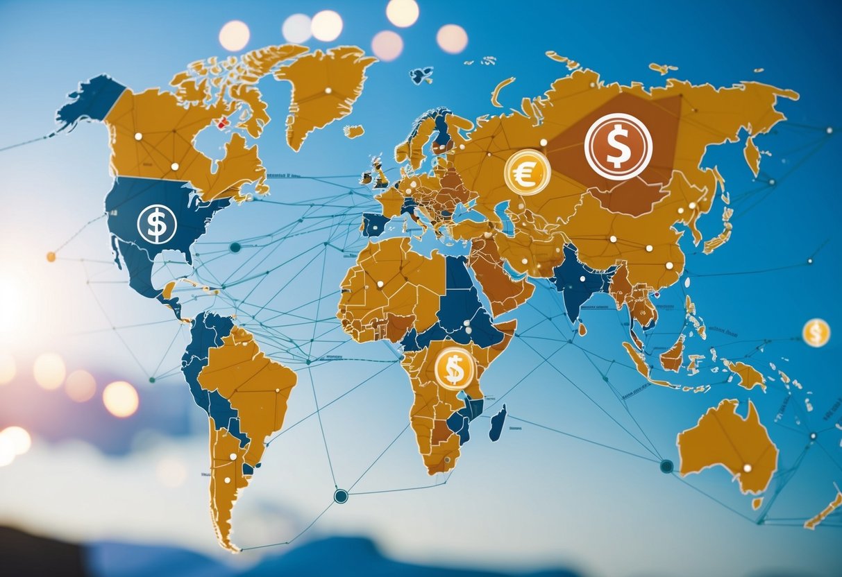 A global map with interconnected trade routes, currency symbols, and risk indicators