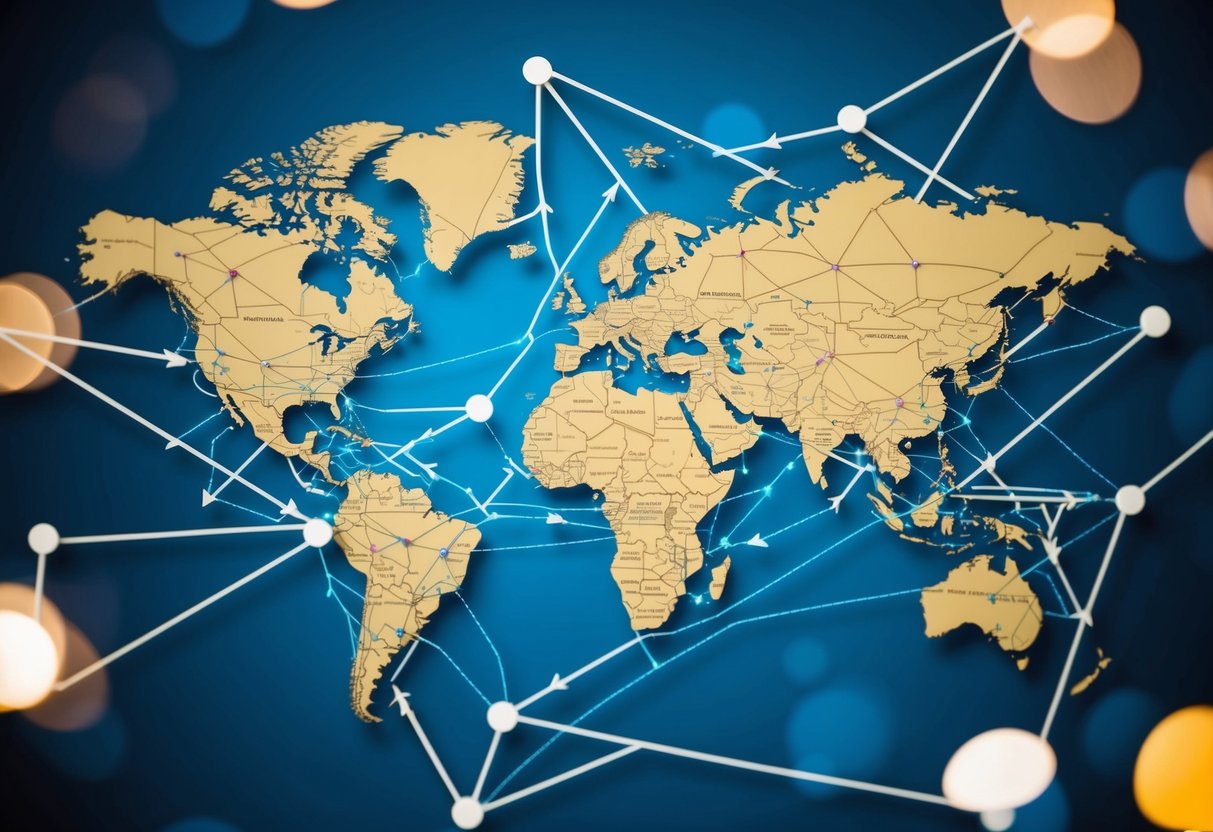 A global map with interconnected lines and arrows representing international trade routes and financial transactions