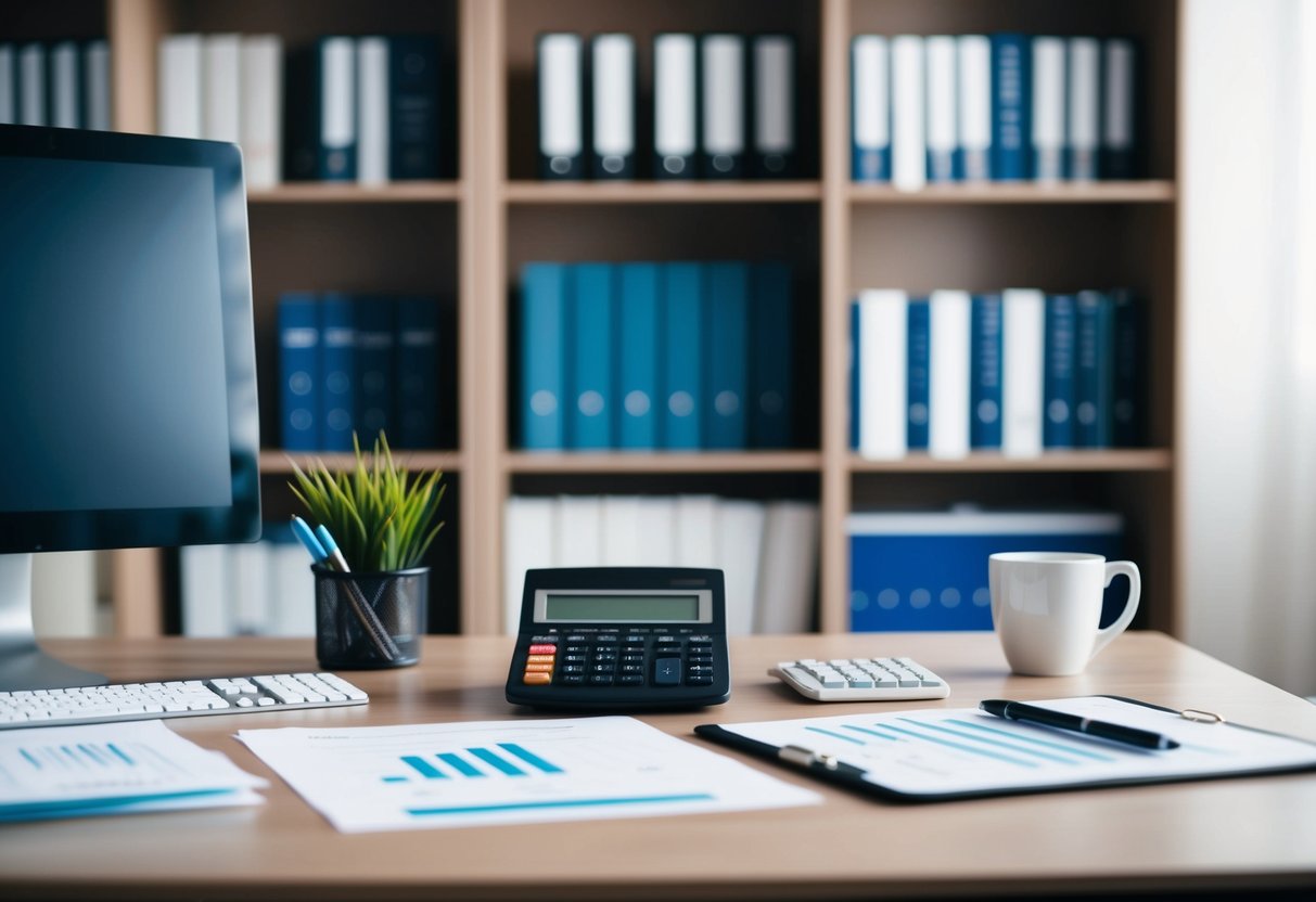 A modern office desk with a computer, calculator, and financial documents. A bookshelf filled with finance books in the background