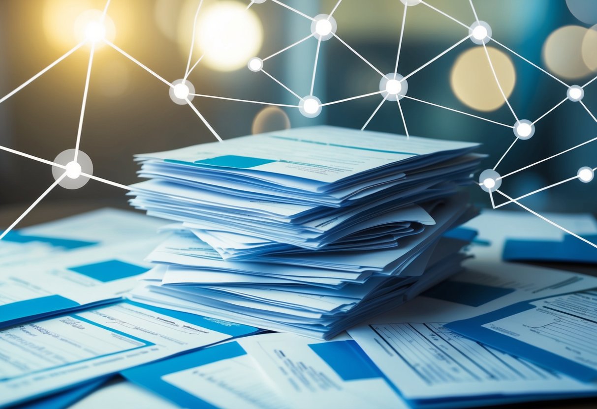 A stack of financial documents surrounded by a network of interconnected lines and arrows, symbolizing the complex web of HMO finance
