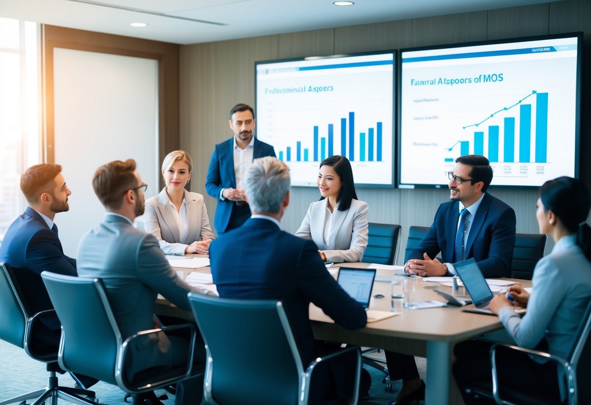 A group of people discussing financial aspects of HMOs in a boardroom, with charts and graphs displayed on a screen