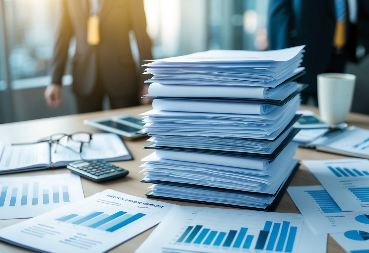 A stack of legal documents and financial reports related to HMOs, surrounded by charts and graphs, with a focus on complex financial concepts