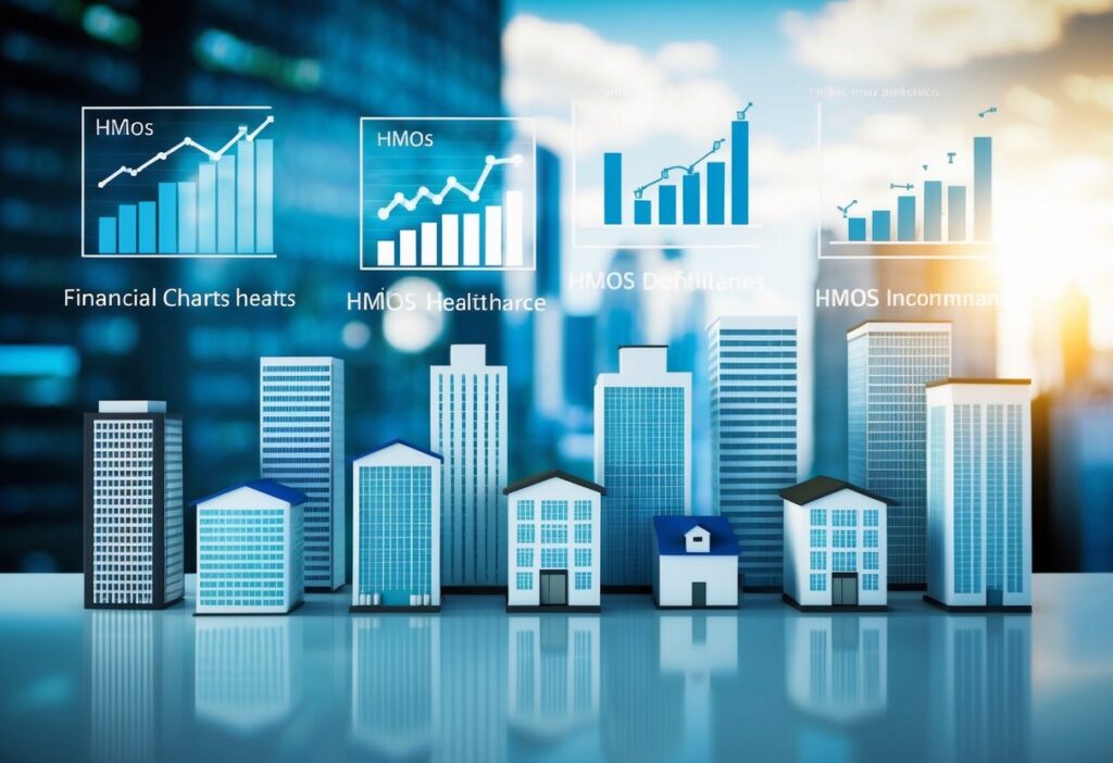 A group of buildings representing different HMOs, with financial charts and graphs displayed prominently