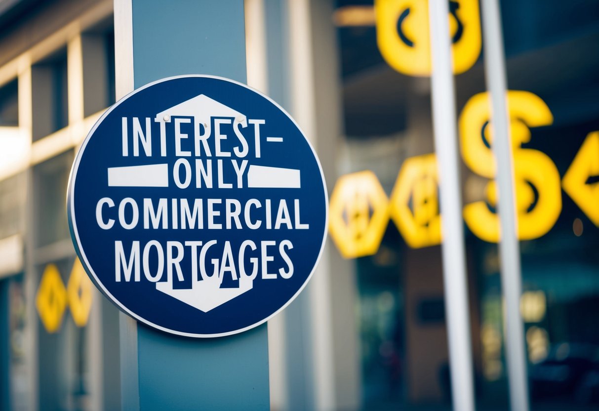 A commercial building with a large "Interest-Only Commercial Mortgages" sign, surrounded by a mix of positive and negative symbols such as dollar signs and caution signs