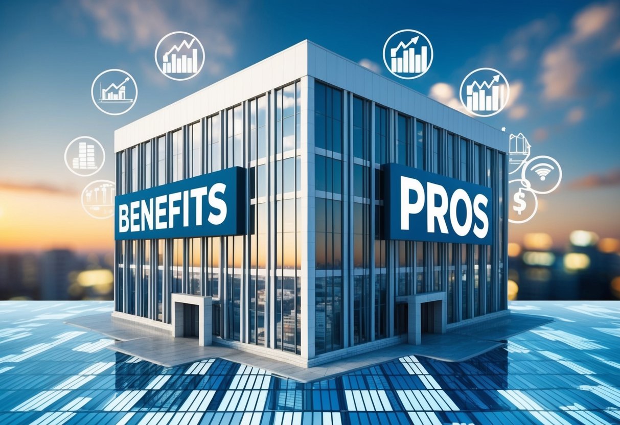 A commercial building with a large "Benefits" on one side and "Pros" on the other, surrounded by financial symbols and charts