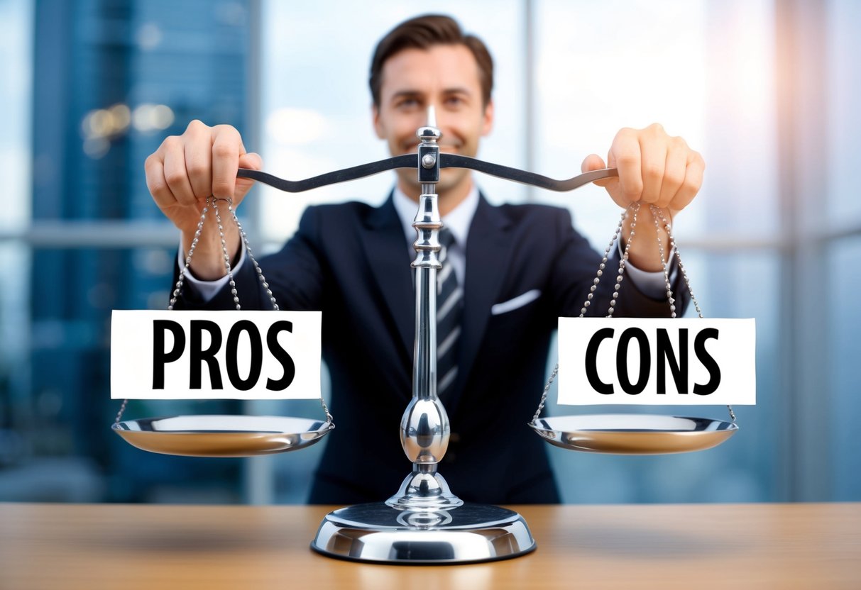 A businessman weighing a scale with "Pros" and "Cons" on either side, representing the risks and drawbacks of interest-only commercial mortgages