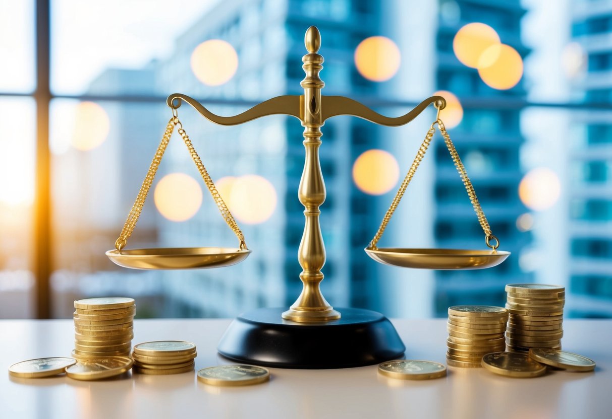 A commercial property with a scale showing the balance between interest-only mortgage pros and cons, surrounded by symbols of property ownership and finance