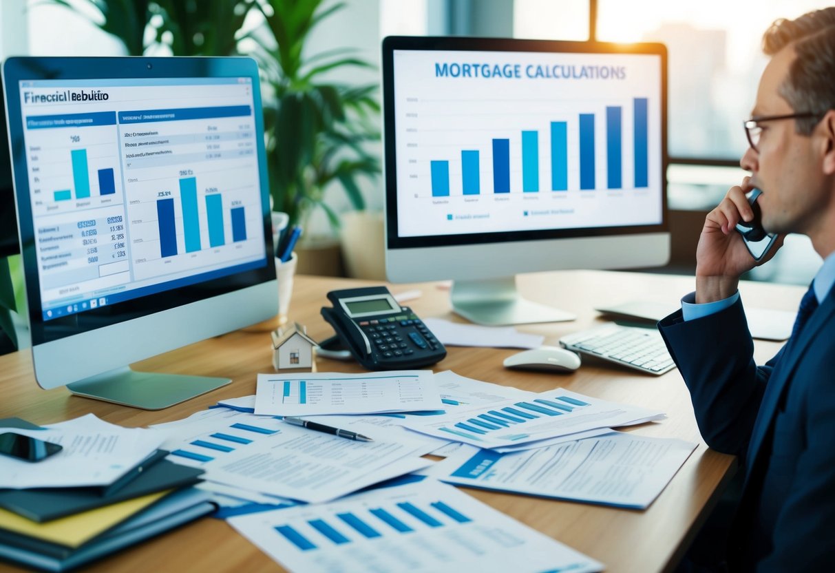 A busy office with financial documents spread across a desk, a computer screen displaying mortgage calculations, and a person on the phone discussing tax efficiency