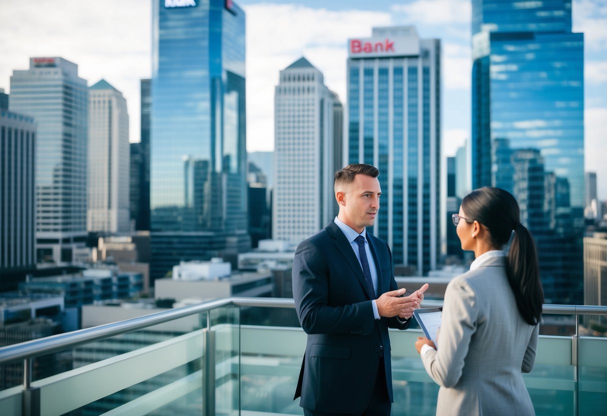 A bustling cityscape with towering commercial buildings and a prominent bank sign. A mortgage advisor discussing tax efficiency with a property investor