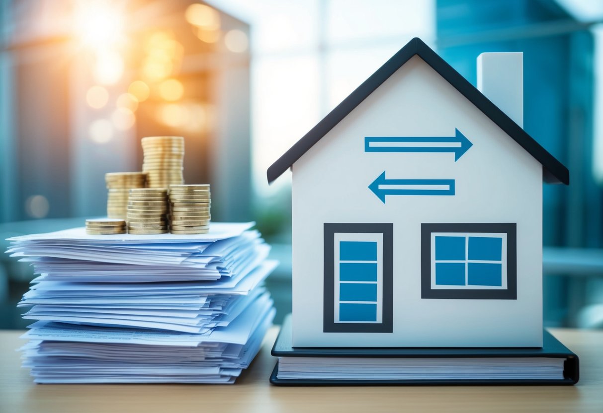 A stack of financial documents and charts, alongside a commercial property, with arrows pointing to tax-efficient structures