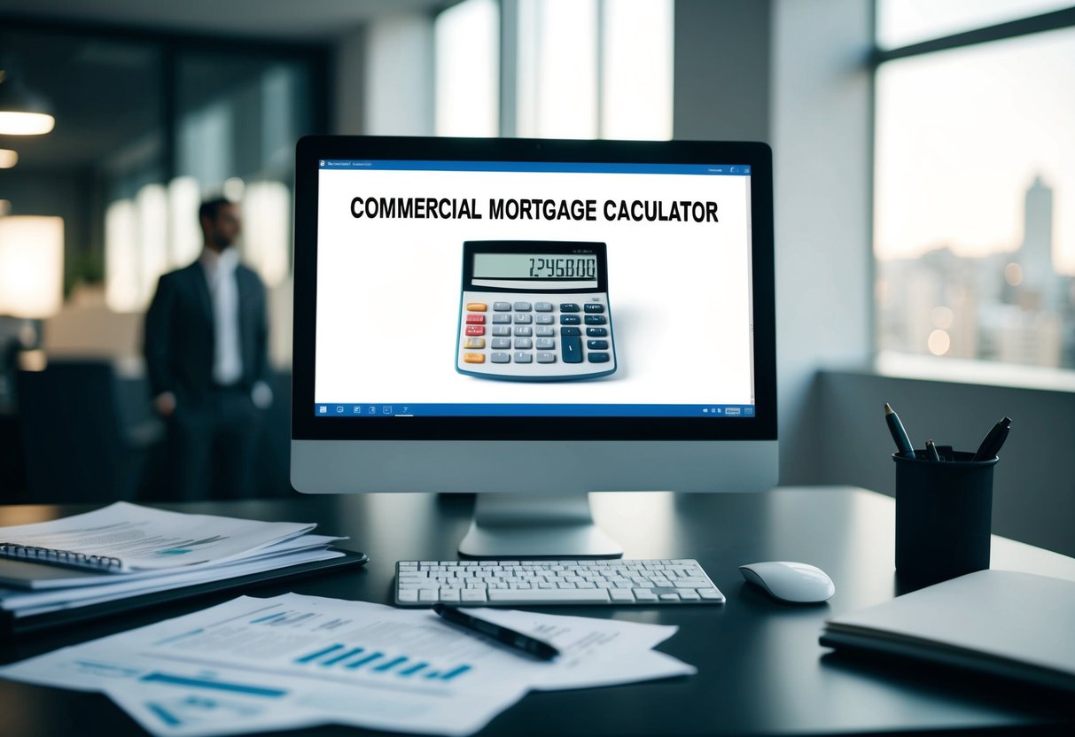 A modern office desk with a computer screen displaying a commercial mortgage calculator, surrounded by paperwork and a pen