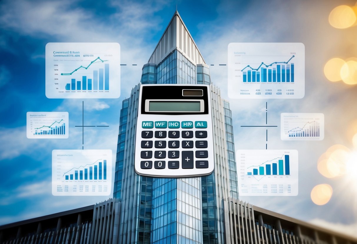 A commercial building with a calculator superimposed on the facade, surrounded by financial charts and graphs