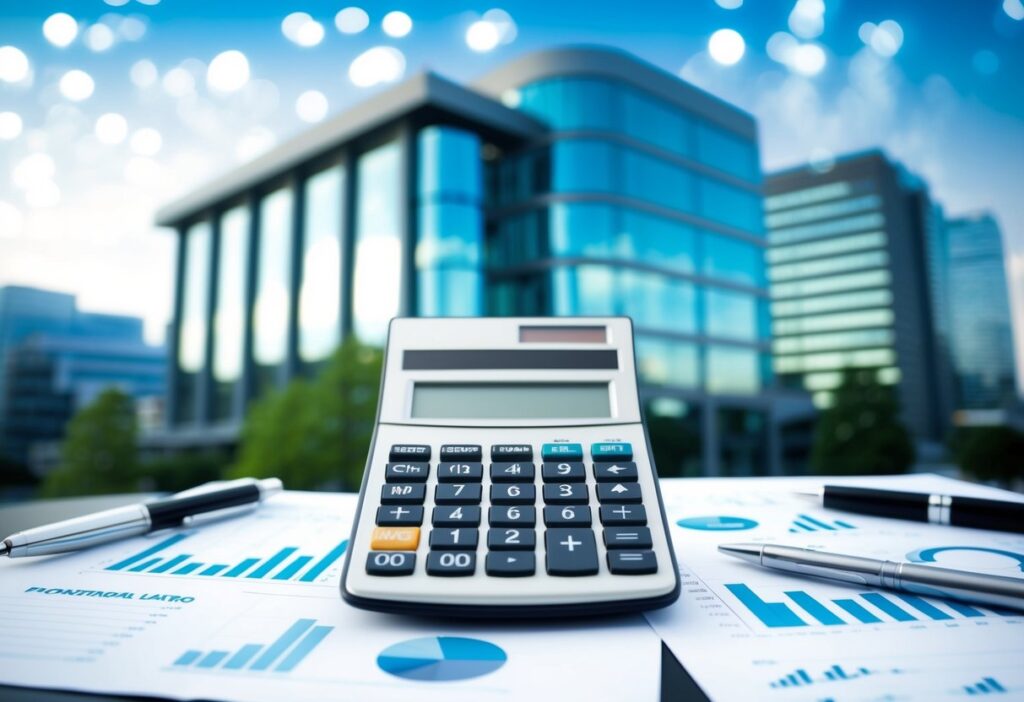A calculator with a commercial building in the background, surrounded by financial charts and graphs
