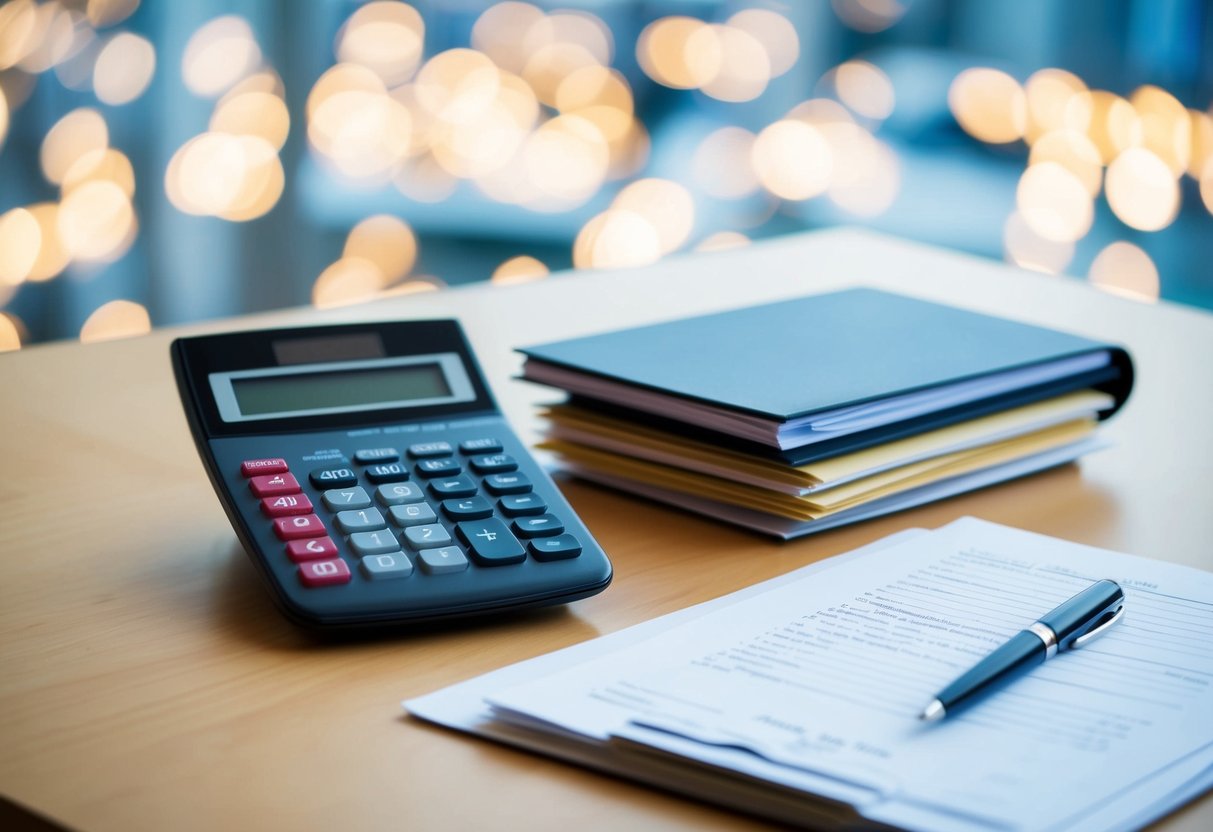 A calculator on a desk next to a stack of papers and a pen