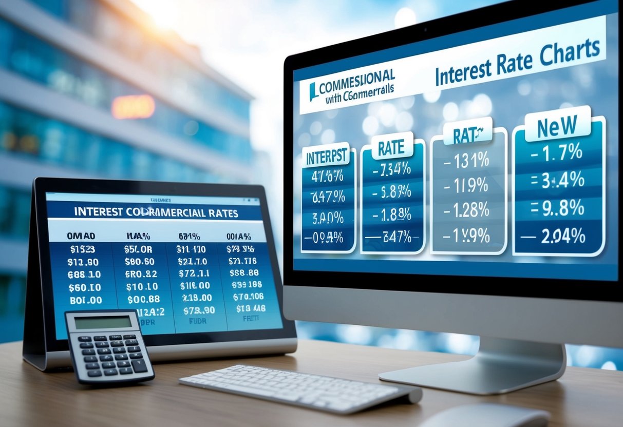 A commercial building with various interest rate charts and a calculator displayed on a computer screen