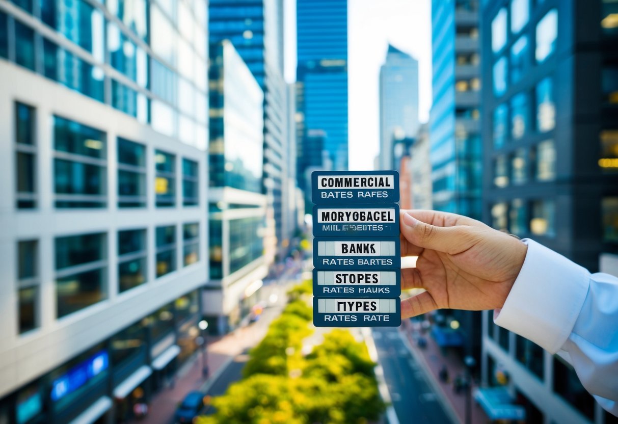 A bustling city street with modern office buildings and banks, representing the diverse types of commercial mortgage rates