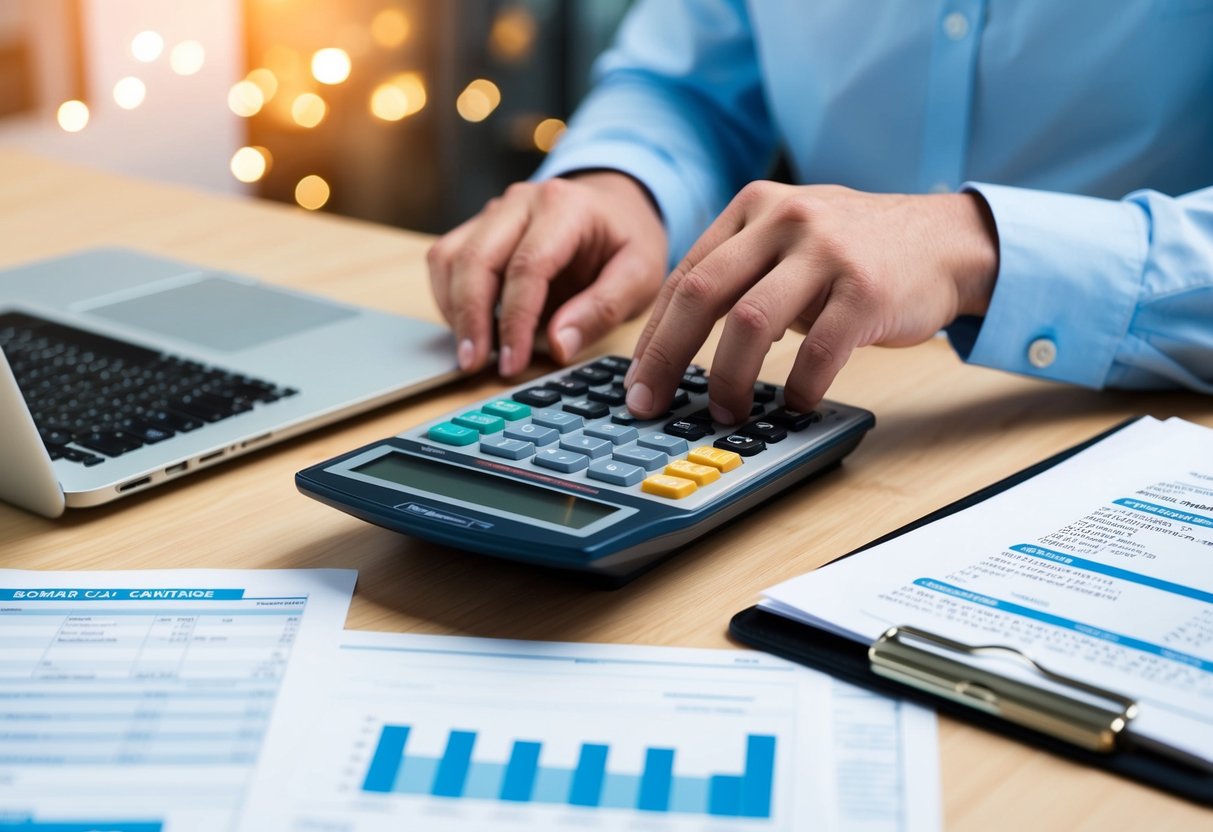 A person using a commercial loan calculator at a desk with a laptop and financial documents spread out