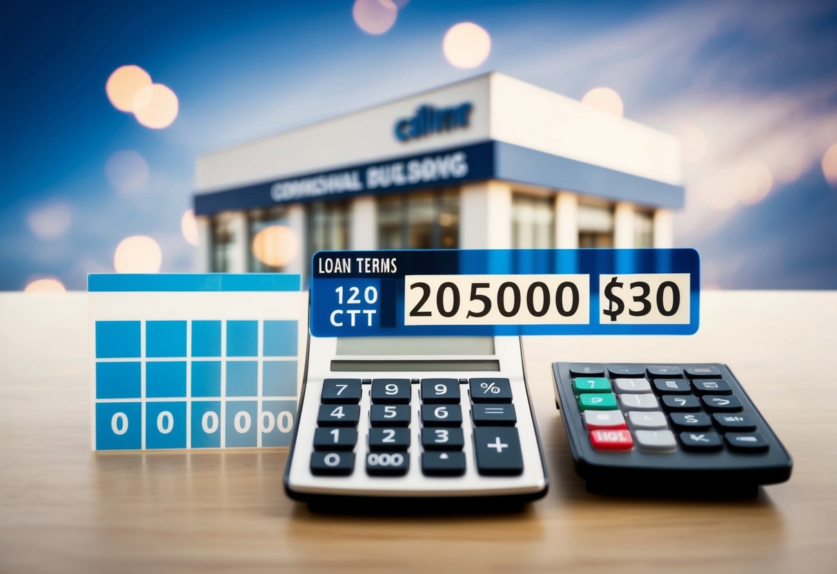A commercial building with a calculator overlay, showing loan terms and numbers