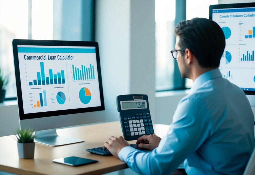 A person using a commercial loan calculator on a computer at a desk in a modern office with charts and graphs on the screen