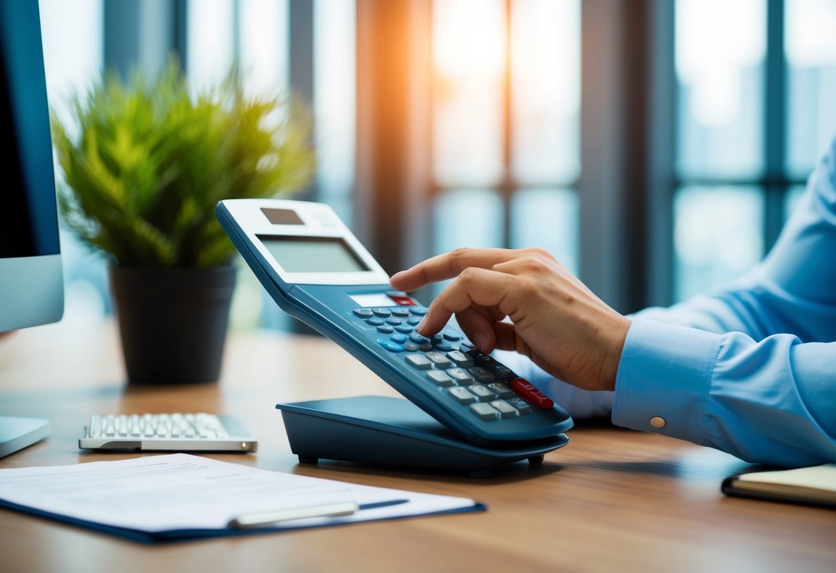 A person using a commercial loan calculator at a desk with a computer and paperwork