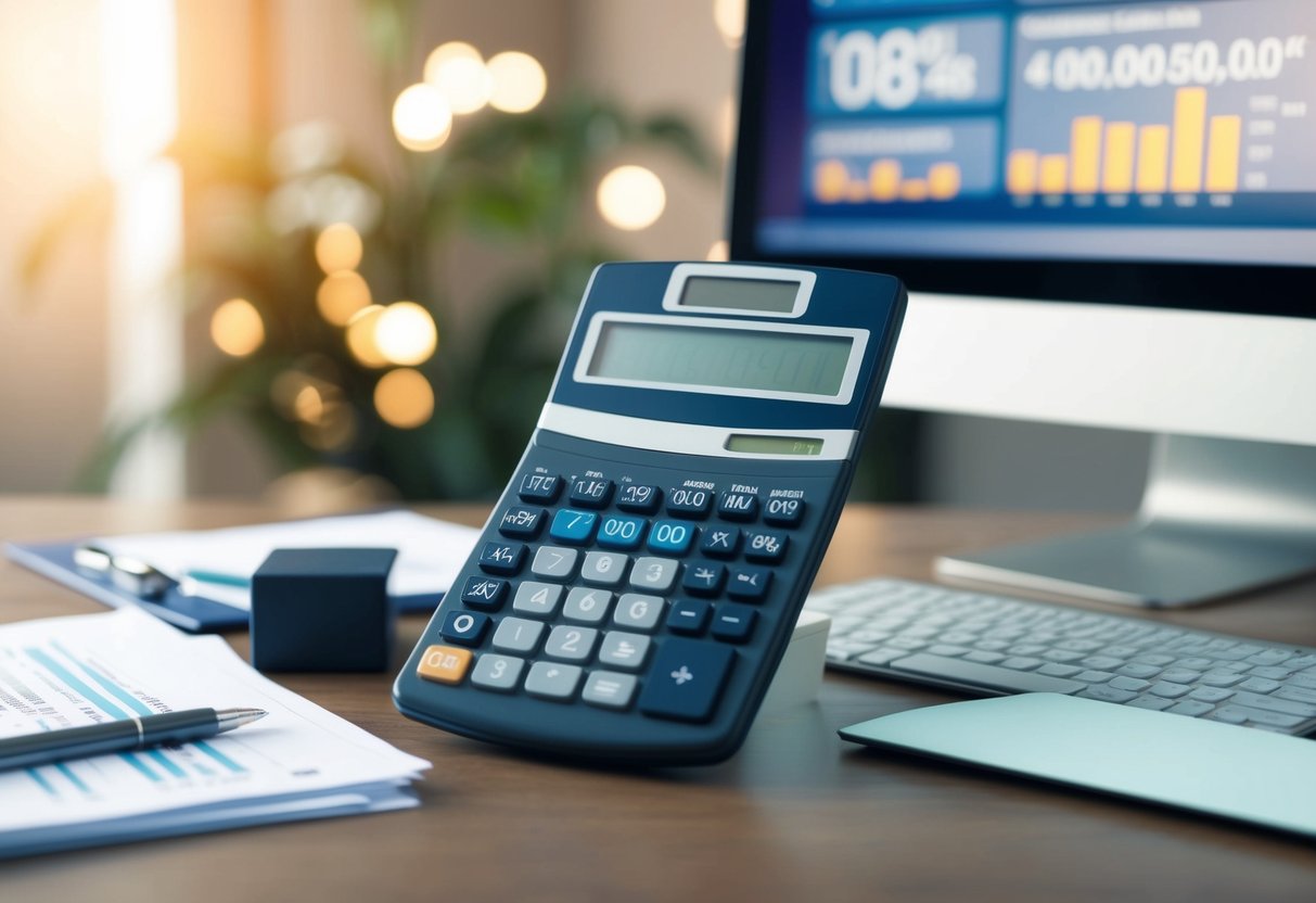A commercial loan calculator being used on a desk with paperwork and a computer, showing various loan terms and interest rates