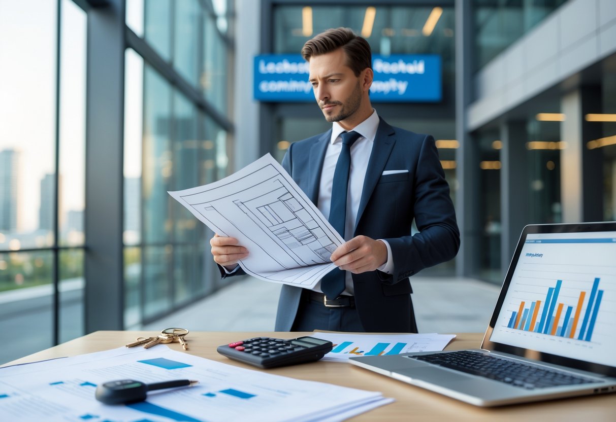 A businessperson reviewing documents and a calculator in a modern office with a commercial building visible outside the window.