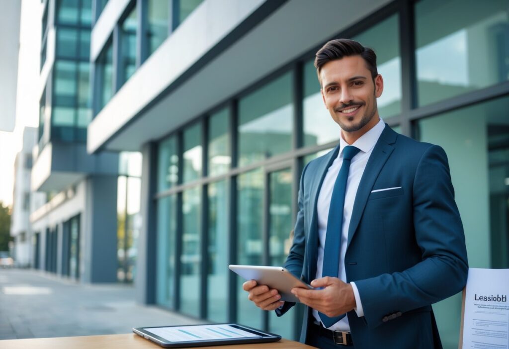 A businessperson standing outside a modern commercial building, holding documents and discussing mortgage options.