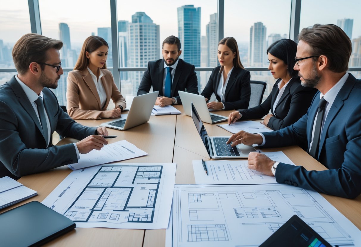 A group of business professionals discussing commercial property documents around a conference table in an office with city views.
