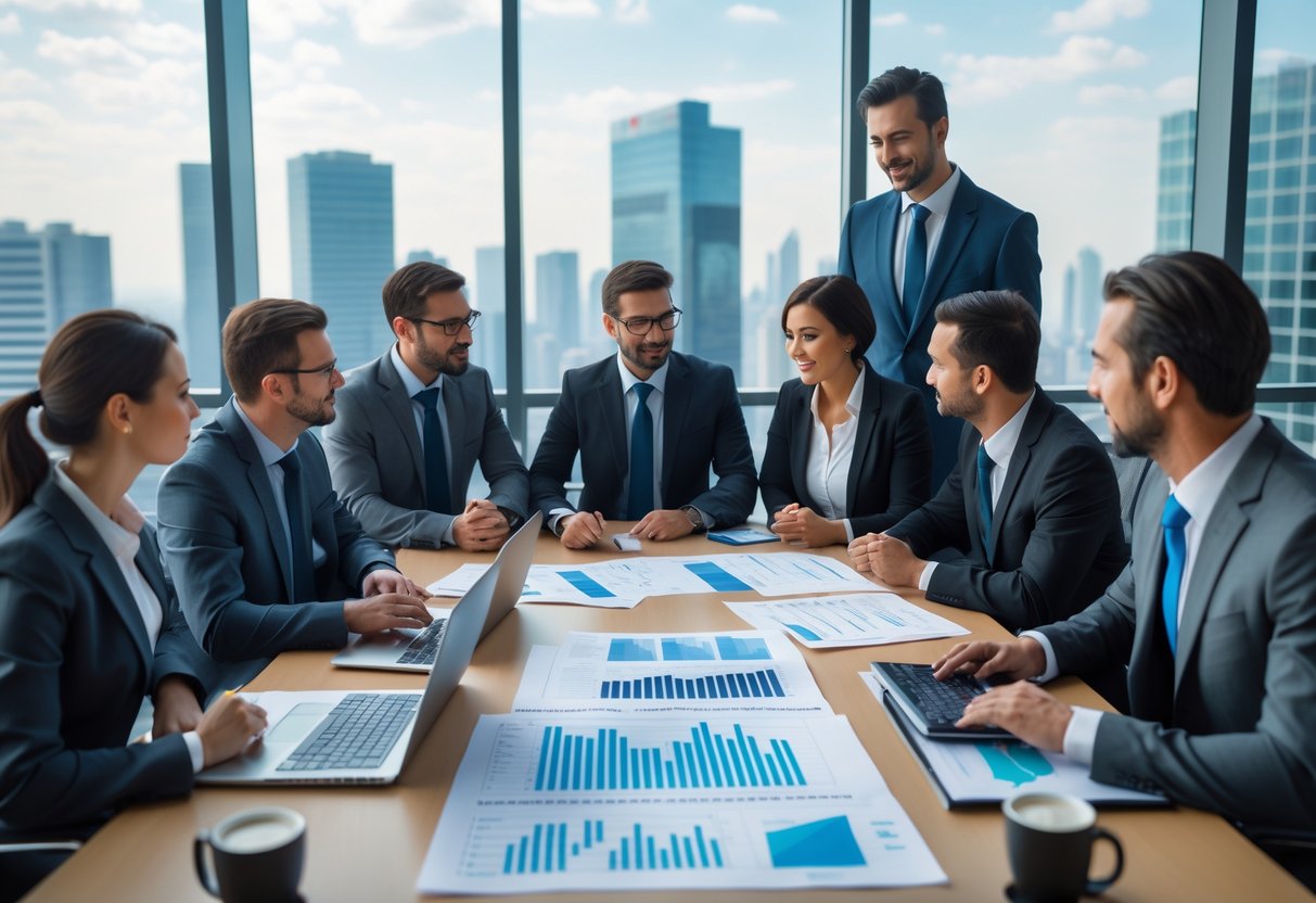 A group of business professionals in an office reviewing financial documents and charts around a conference table.