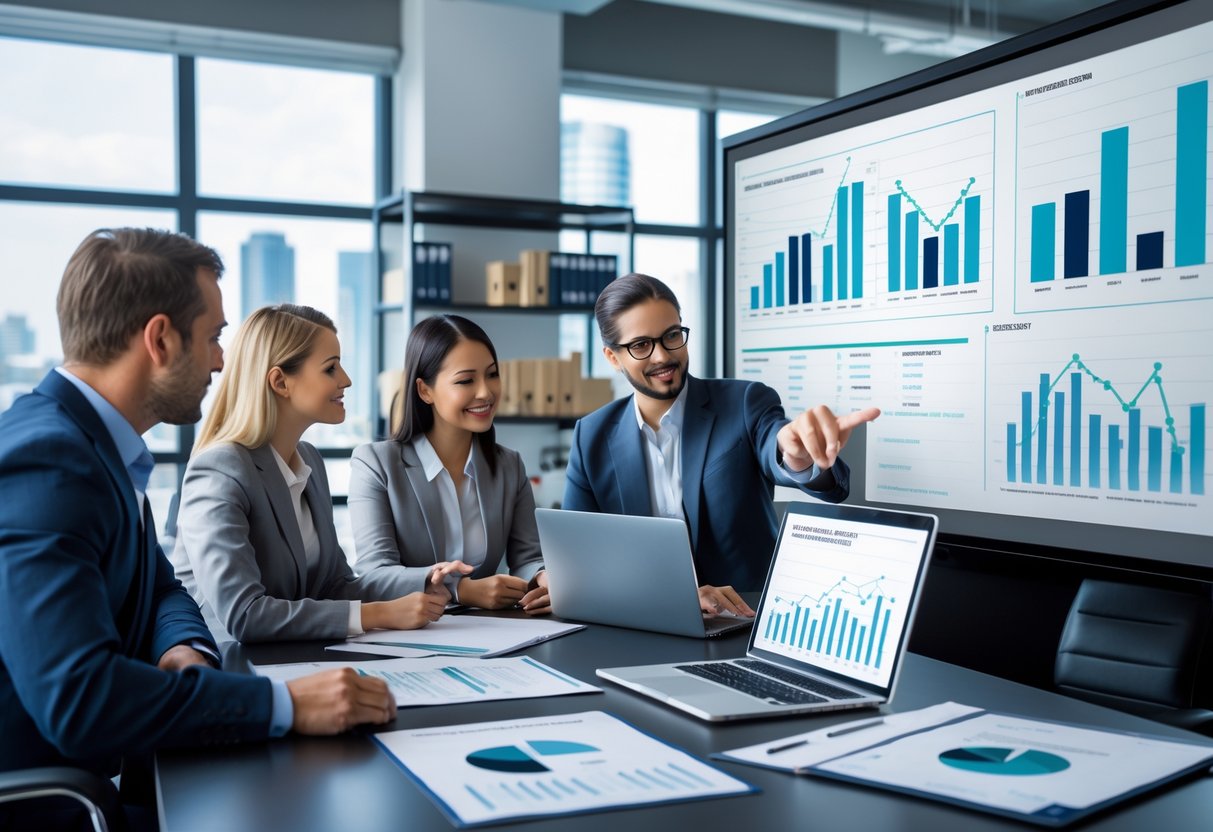 Business professionals in a meeting room analysing financial charts and data on a laptop and screen.