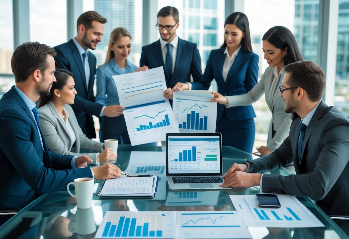 Business professionals working together around a conference table with financial documents, a calculator, and a laptop in a bright office.