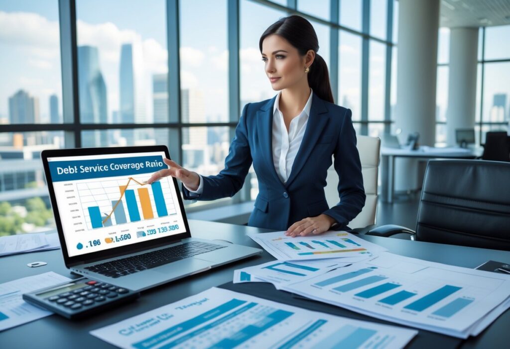 A businesswoman reviewing financial documents and graphs in a modern office with a city view.