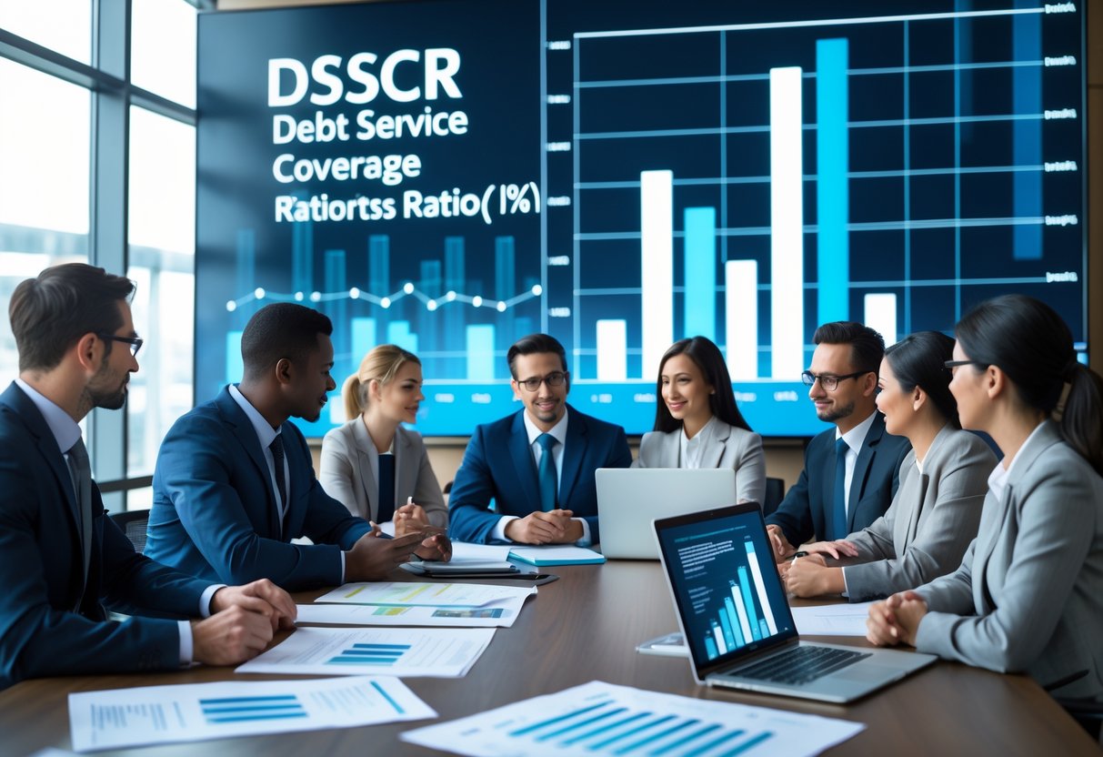 Business professionals discussing financial charts and data in a modern office meeting room.