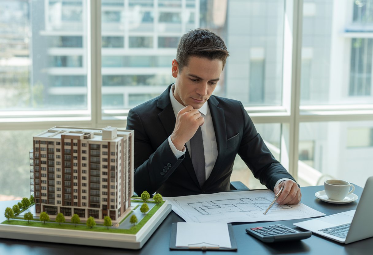 A businessperson reviewing blueprints and financial documents with a scale model of a multi-unit commercial building on a desk in a modern office overlooking a cityscape.