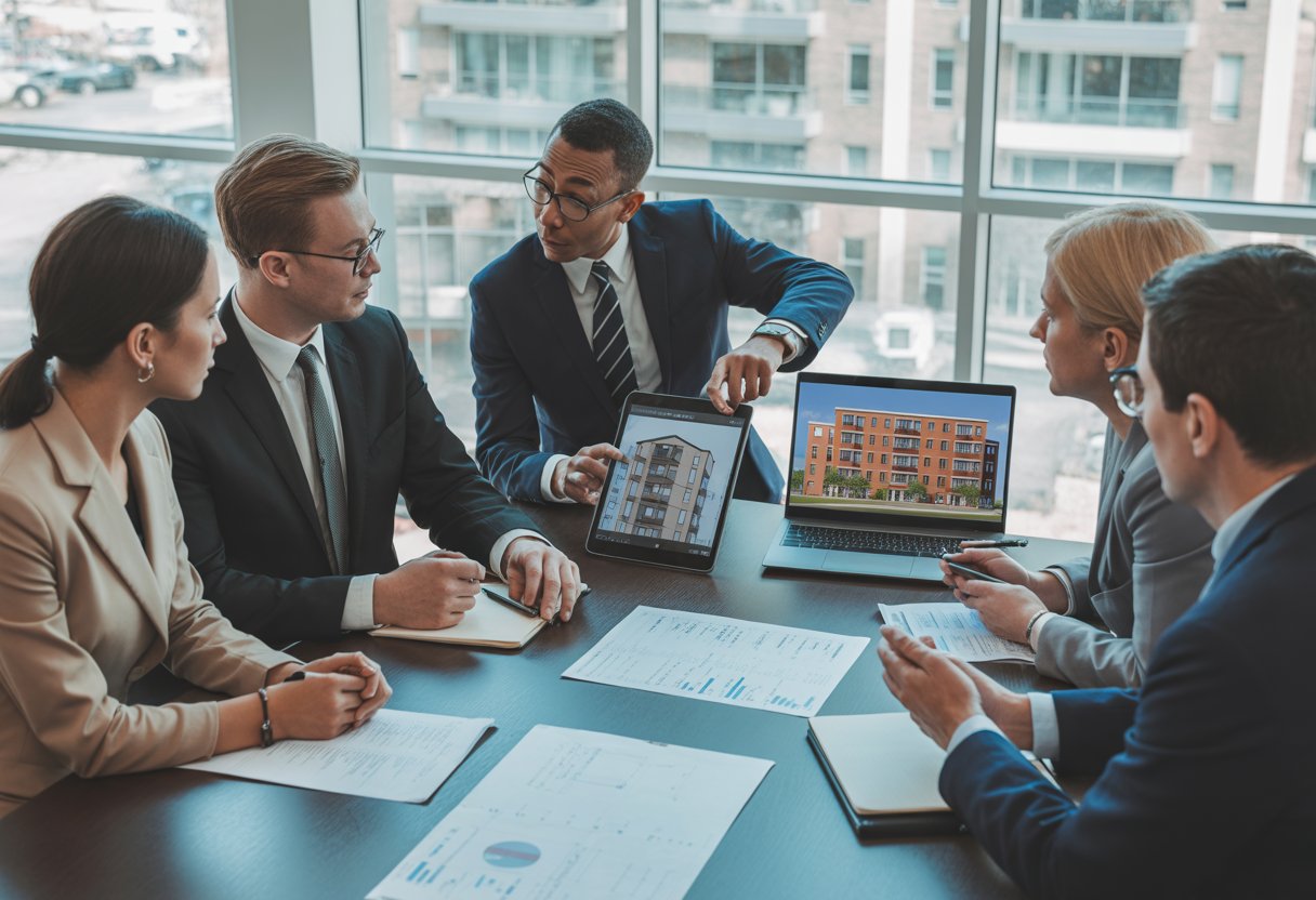 A group of professionals in a meeting room discussing plans for a multi-unit commercial property with documents and digital devices on the table.