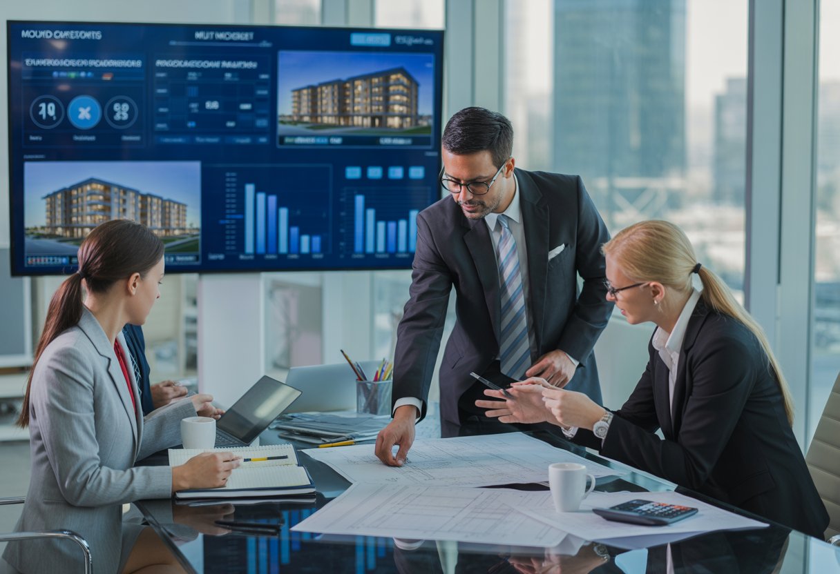 Business professionals discussing documents and blueprints in a modern office with a city view.