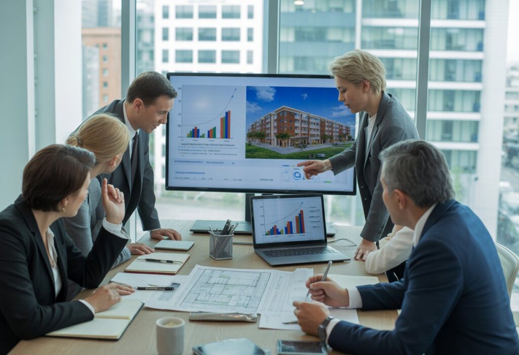 A group of professionals in a meeting room reviewing financial documents and blueprints related to a multi-unit commercial property.