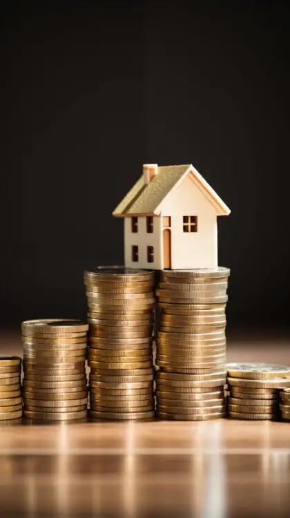 Bridging loans UK concept showing property on stacked coins representing short-term property finance